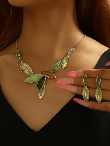 Vintage Chunky Statement Jewelry Set Retro Leaf Floral Geometric Bohemian Boho Bib Necklace Earring Set Fashion Costume Jewelry for Women Girls Wedding Party Prom Unique Gift - style: leaf jewelry set 2-green