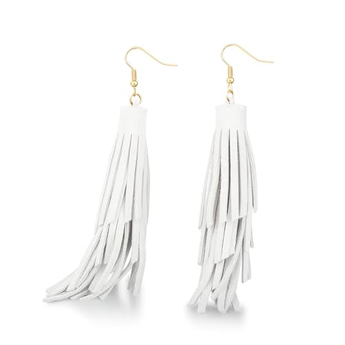 Fringe Leather Earrrings Triangle Deerskin Leather Boho Western Statement Dangel Earrings for Women - color: White Tassels