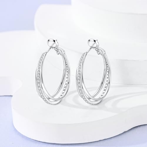 Parmuz 925 Sterling Silver Earrings Hoops for Women Ladies Simple Lightweight Twisted Medium Hoop Earrings With Cubic Zirconia Hypoallergenic Jewelry for Her - color: Big three circles earring