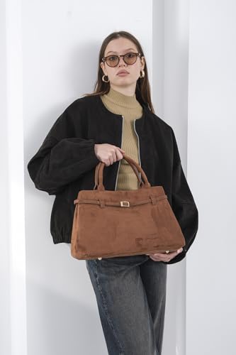 Base’ic Women’s Suede Tote Bag with Gold Hardware – Trendy Slouchy Shoulder Hobo Satchel Handbag Work Purse Travel Gift - color: Brown (Gold Hardware)