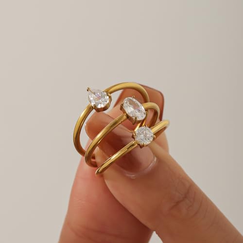 14K Gold Plated Stackable Rings for Women Non Tarnish - Dainty Cubic Zirconia Engagement Ring Set Colorful Birthstone Statement Promise Stacking Rings Size 6-9 - color: White