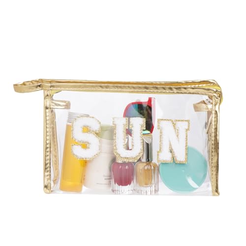 Clear Preppy Patch Makeup Bag, Sun Chenille Letter Bag for Beach, Pouch With Zipper, Travel Cosmetic Toiletry Bag for Women Girls Teens (Gold) - color: Gold