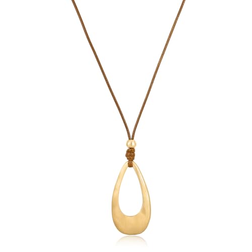 Brushed Gold Plated Classic Teardrop Pendant Long Necklace for Women, Adjustable Length Brown Wax Cord Sweater Chain Fashion Jewelry Gifts - color: Brushed Gold