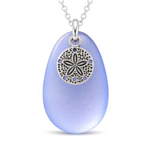 Sterling Silver Sand Dollar Necklace with Blue Sea Glass – Beach Jewelry for Women – Ocean Pendant Gift – Adjustable 18–20" Chain