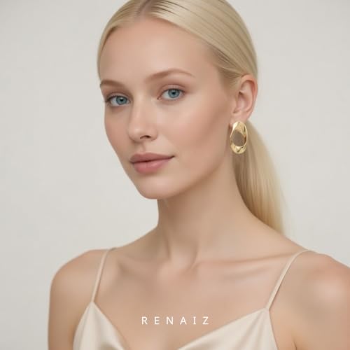 RENAIZ Bold Statement Hoop & Stud Earrings for Women – 14K Gold & Rhodium Plated Maximalist Jewelry, Chunky Geometric Boho Earrings, Hypoallergenic Non-Tarnish Trendy Gift - color: Yellow Gold, style: Loop