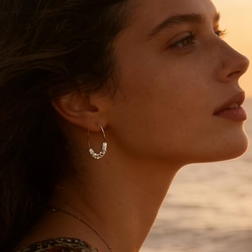 Natural Stone Beaded Hoop Earrings for Women, Boho Handmade Lightweight Hypoallergenic Trendy Summer Beach Accessories Fashion Jewelry Gift - color: Pearl Shell