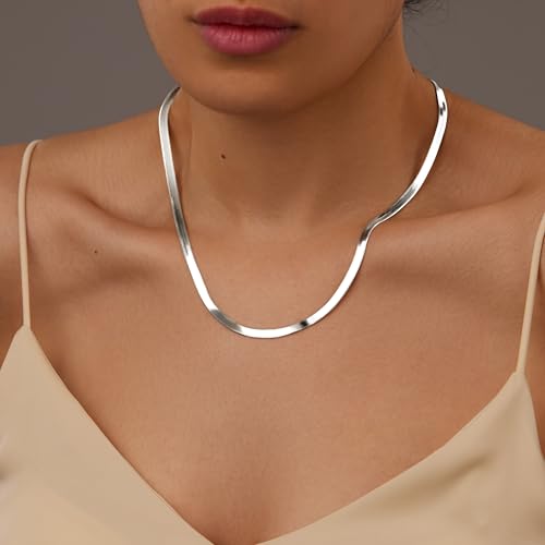 WomenGifts 14K Gold Silver Plated Herringbone Necklace for Women, Dainty Snake Chain Choker, Trendy Simple Long Layered Jewelry Non Tarnish, 3/4/5/8mm,14,16,18,20,22,24,26 Inch Thin & Chunky Options - color: Silver, style: 4mm-18inch