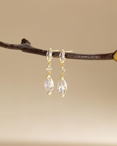 HANLI Dangle Earrings for Women – 14K Gold Plated/Silver Drop Earrings Sparkly CZ Gold Dangle Earrings Elegant Dangling Earrings for Wedding Bridal Prom Jewelry - color: 3-Dangle CZ Gold