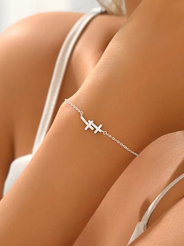 Double Cross Bracelet for Women 925 Sterling Silver Dainty 14K Gold Plated Cubic Zirconia Bracelet Faith Christian Bracelets Adjustable Chain Religious Christian Baptism Jewelry Gifts - color: Silver 2