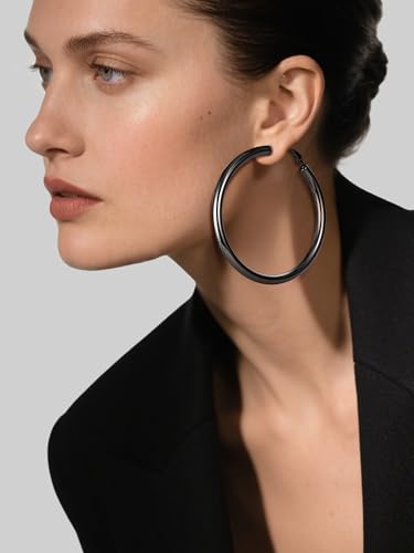 Stainless Steel Chunky Hoop Earrings For Women, Minimalist and Chic, Black/Gold Plated, Round Hoops Earrings Hypoallergenic, Size: 30mm/40mm/60mm/80mm, Come with Box - color: 1. Black, size: 70MM