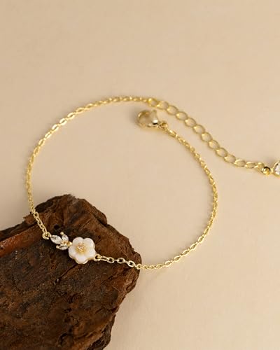 Gold Bracelets for Women 14K Gold Plated Flower/Clover/Butterfly/Heart Bracelet Adjustable Dainty Hypoallergenic Jewelry Gift - color: flower&diamond gold