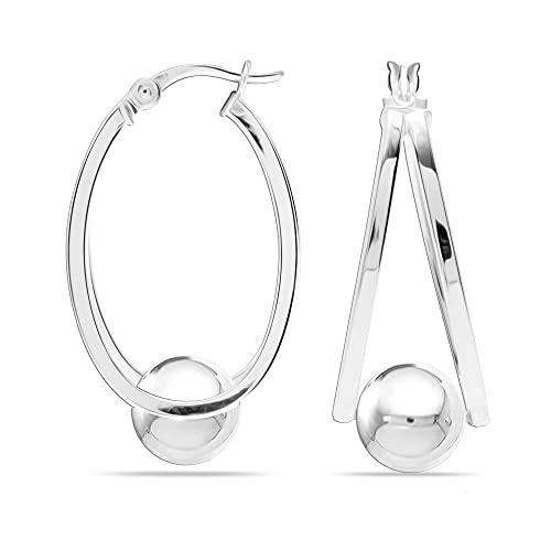 LeCalla 925 Sterling Silver Beaded Ball Hoop Earrings | Lightweight Sleeper Bead Ball Earring Hoops | Cape Style Hoop Earrings for Women - color: Ball Bead White-Gold Plated