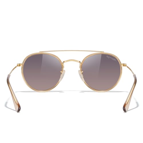 MERRY'S Retro Round Polarized Sunglasses - Unisex Double Bridge Sun Glasses - color: Tra Yellow Frame/Gold Bridge/Brown Gradient Lens