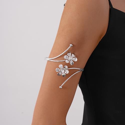 Arm Cuff Jewelry for Women Adjustable Flower Cuff Bangle Bracelet Gold Armband Upper Jewelry Gifts for Women Boho Western Accessories - color: B4:silver flower