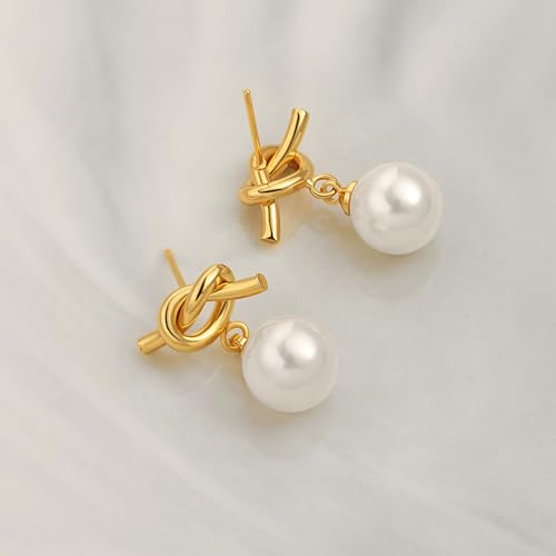 18K Gold Love Knot Stud Earrings for Women Statement Button Pearl Stud Earrings Minimalist Cute Small Post Earring - color: 10.Love knot