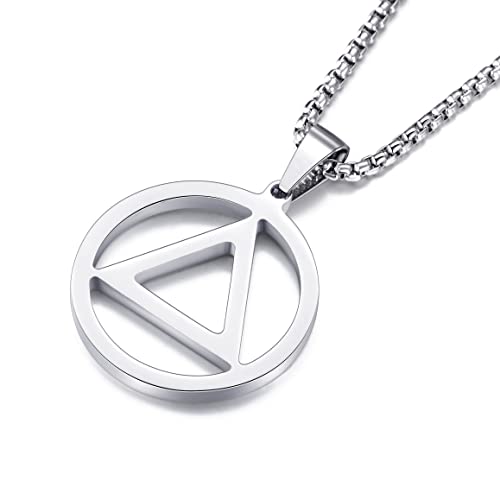 Sobriety Necklace for Men Stainless Steel AA Recovery Triangle Necklace Sobriety Gifts for Men - color: Black-Silver Couple Set