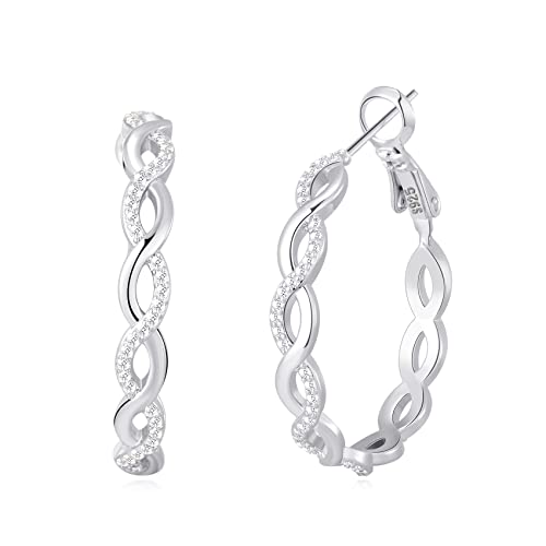Senteria 925 Sterling Silver Post Hoops Earrings for Women Lightweight Twisted Hoop Earrings With Cubic Zirconia Hypoallergenic Silver Hoops Earrings (20/30/40/50/60MM) - color: silver-40mm