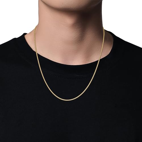 Fiusem Wheat Chains for Men and Women, 2/2.5/3/4/5mm Silver Tone/14K Gold Plated/Black Necklace Chain, Stainless Steel Mens Necklace 16-28 Inch - size: 24 Inches, style: Gold 2MM