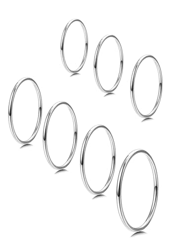 MILACOLATO 1mm Stainless Steel Stacking Rings for Women | Thin 14K Gold Plated Band Rings | Stackable Knuckle Rings Thumb Pinky Midi Rings | Comfort-Fit Size 3/4/5/6/7/8/9 - color: 7pcs Silver Tone,Size 3-9