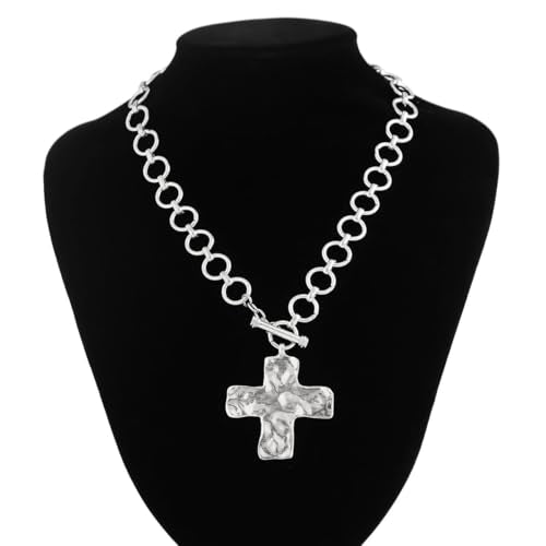 Chunky Cross Necklace for Women Chunky Gold Necklace Statement Cross Pendant Vintage Toggle Clasp Necklace Jewelry for Women - color: A2-Silver Cross Necklace