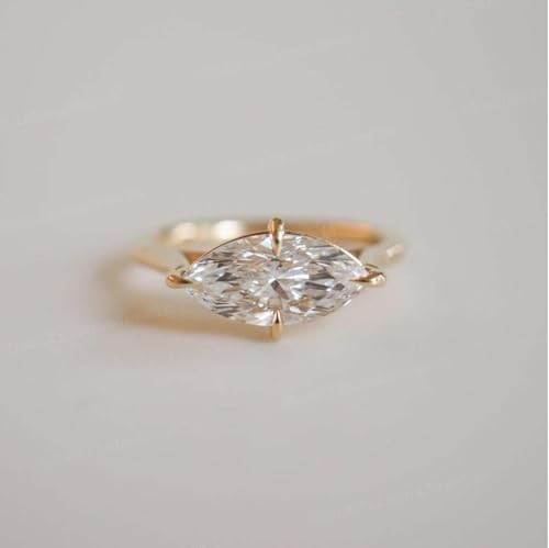 14K Yellow Gold Marquise Cut Moissanite Engagement Ring East West Solitaire Ring 4 Prong Setting, Dainty Promise Jewelry Gift for Women