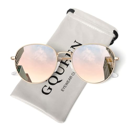 GQUEEN Retro Round Polarized Sunglasses Womens Men Spring Hinge Metal Frame Trendy Hippie Oval Sun Glasses Shades UV400 - color: 1 Gold Frame/ Mirrored Pink Lens