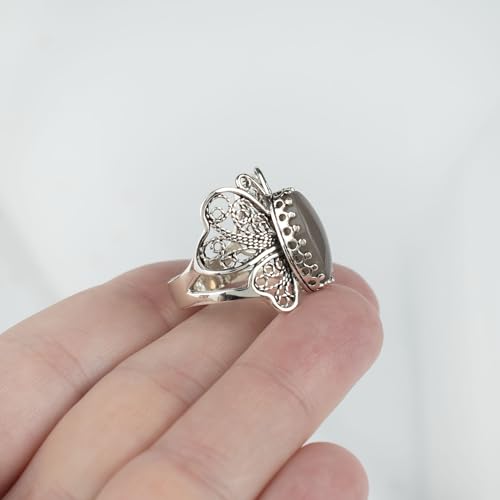 Filigranist Sterling Silver Filigree Art Butterfly Women Cocktail Ring with Gemstones - color: Gray Moonstone