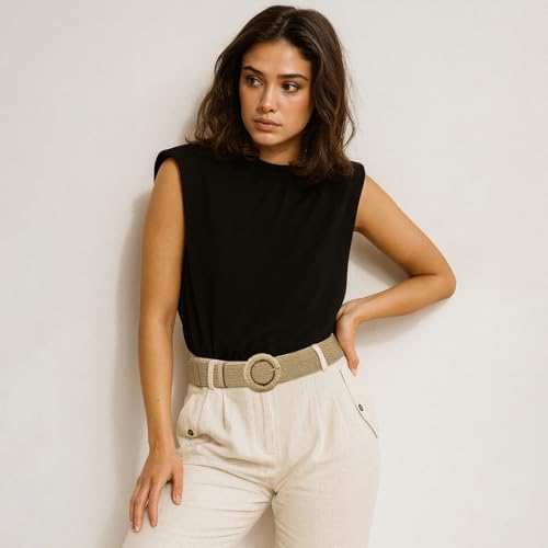 Straw Woven Elastic Belt for Women, Boho Braided Raffia Waist Belt, Stretch Rattan Belt for Summer Dresses - color: Round Buckle-khaki-with Earrings, size: S: Fit waist size up to 29"