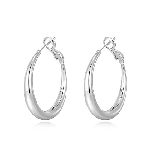 EXGOX Sterling Silver Hoop Earrings - Hypoallergenic, Lightweight, Chunky, 14K Real Gold Plated, Big Large Hoops for Women - color: Chunky Hoop&Silver 40mm