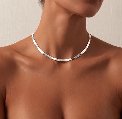 WomenGifts 14K Gold Silver Plated Herringbone Necklace for Women, Dainty Snake Chain Choker, Trendy Simple Long Layered Jewelry Non Tarnish, 3/4/5/8mm,14,16,18,20,22,24,26 Inch Thin & Chunky Options - color: Silver, style: 5mm-14inch