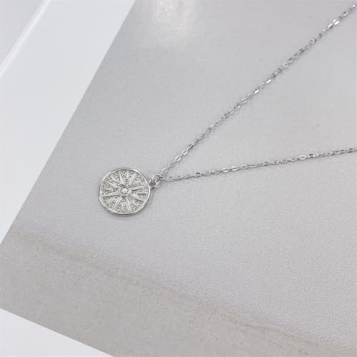 NewZenro Vintage Sun Embossed Round Disc Pendant Necklace for Women Dainty Minimalist S925 Sterling Silver 18K Gold Plated Link Choker Necklaces Adjustable Chain Fashion Trendy Jewelry for Her Bff - color: Silver