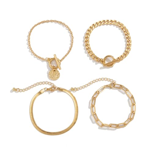 Alegend Titanium Steel (Not Rust, Resist Corruption, Easily Clean) 18K Gold Plated Single Bracelets + 14K Gold Plated Stackable Multilayer Bracelets - style: 14K Gold Plated Four-Layered B