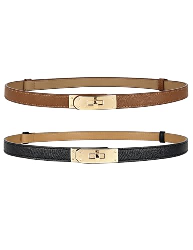 BEMYLV Skinny Belts for Women Dresses Turn-Lock Gold Buckle Adjustable Fashion Waist Belt for Pants Jeans Business Casual - color: Black+brown