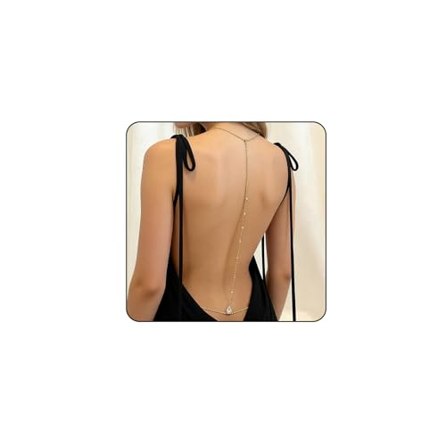 Sexy Crystal Back Chain Necklace for Women Rhinestone Simple Body Chain Gold Silver Backdrop Chain Body Jewelry Wedding Bridal Party Prom - color: Gold