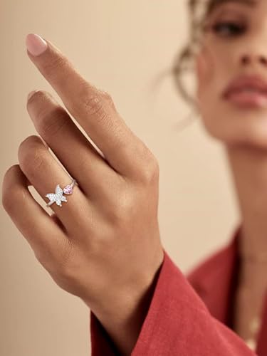 Bestyle 925 Sterling Silver Butterfly Ring Hypoallergnic Adjustable Birthstone Rings for Women Butterfly Jewelry Gifts for Anniversary Mothers' Day Birthday - color: 10.October (Pink Tourmaline)