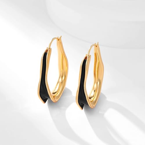 Chunky Hoop Earrings for Women Thick Minimalist Geometric Huggie Hoop Earrings Dainty Thick Y2K Preppy Earrings - style: irregular wave black