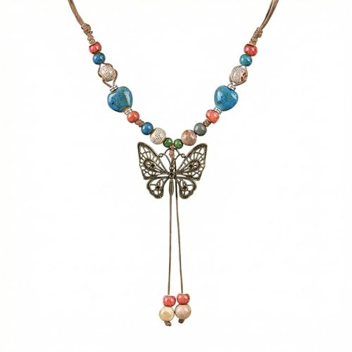 Boho Necklace for Women,Vintage Butterfly Pendant Necklaces,Adjustable Wooden Beads Layered Braided Choker,Fashion Tribal Style Leather Rope Necklace Jewelry,Chunky Statement Gift for Women - color: Colorful2