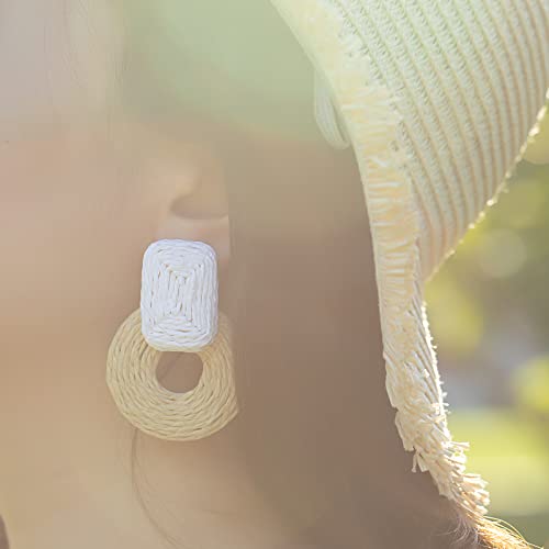 Statement Raffia Earrings Cute Boho Earrings Rattan Dangle Earrings Handmade Straw Wrap Earrings Summer Drop Dangling Earrings for Women Teen Girls - color: White/Nature