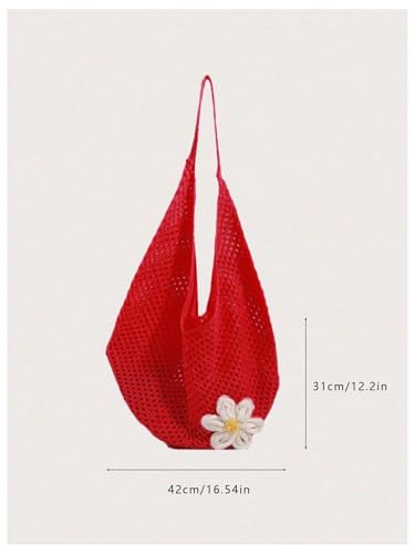 OYOANGLE Women's Floral Applique Crochet Beach Tote Bag Summer Boho Mesh Woven Tote Bag - color: Red