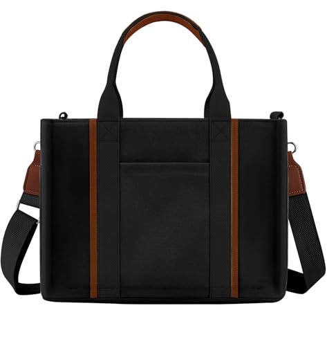 FIORETTO Women’s Canvas Tote Bag Purse with Zipper, Multi Compartment & Reinforced Bottom, Ideal for Work, Bible, Travel - color: Black, size: Large, style: Detachable Organizer