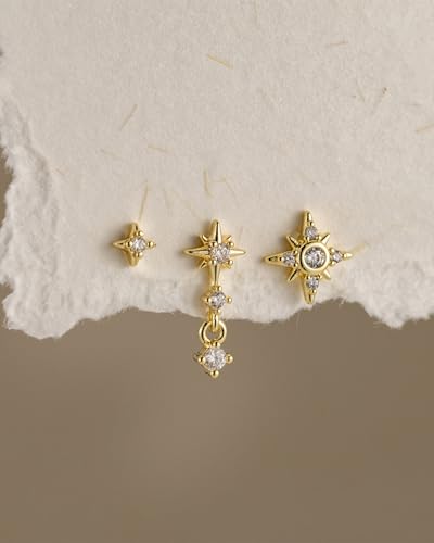 3 Pairs Small Earring Stacks, 14K Gold/Silver/Black/Rose Gold Plated Pearl Heart Butterfly Star Diamond Charm Drop Huggie Earrings Trendy Jewelry Gift for Women - color: Gold-North Star
