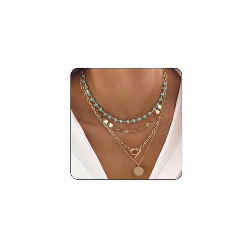 Layered Boho Necklace for Women Turquoise Stackable Sequin Coin Pendant Necklace Charm Toggle Clasp Beaded Chain Beach Prom Dresses Accessories - color: Gold-Round