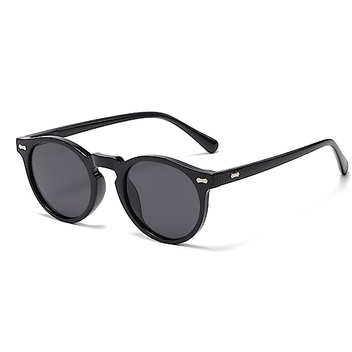 LJCZKA Round Polarized Sunglasses for Men Women Retro Small Face Sunglasses Polarized Vintage Sun Glasses UV400 Protection - color: Black Grey