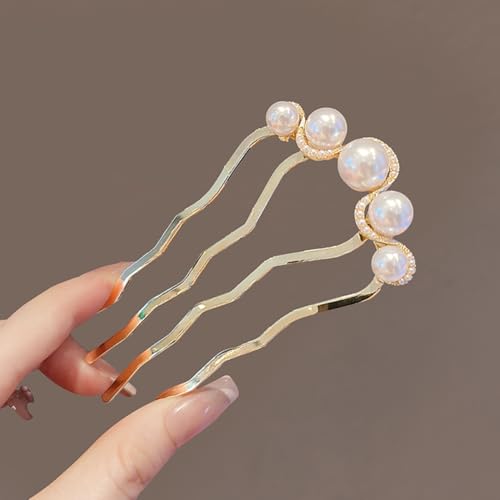 2 Pcs Pearl U Shaped Hair Side Combs for Buns Fashion 4 Prong Hair Updo Hair Sticks Metal Teeth Hair Fork Clips Decoration Hair Styling Accessories (Gold, Black)