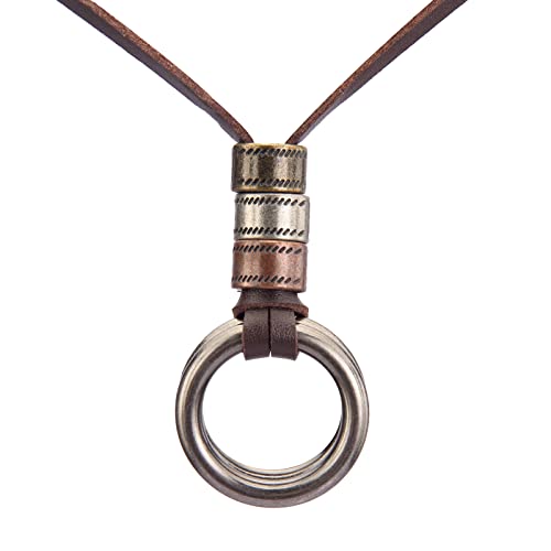 GelConnie Leather Cord Necklace Chain Multilayer Wooden Pendant Necklaces Vintage Jewelry Boho Long Sweater Necklace for Women Men - color: Double Ring Pendant