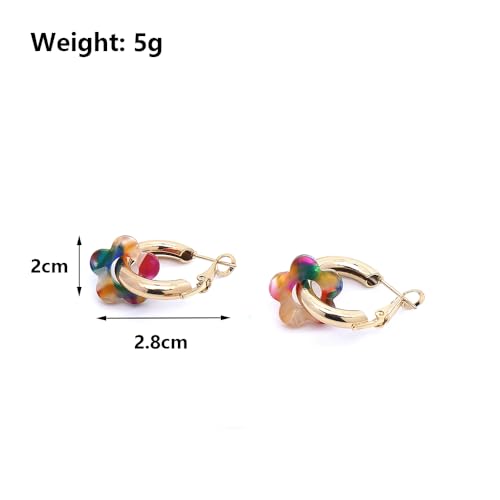 Chunky Acrylic Gold Small Flower Hoop Huggie Earrings, Colorful Boho Ear Piercing Dangle Drop Earrings, Dainty Chic Charm Jewelry Gift - color: Colored