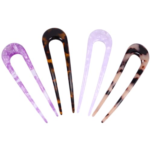 DOITOOL 4pcs U-shaped Acetate Double Prong Hair Pins Hair Fork Bun Holder Clips for Women with Mixed Colors