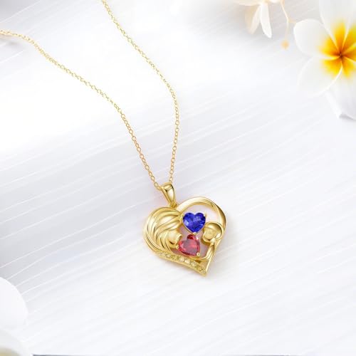 Mothers Day Gifts 14K Yellow Gold Mother Daughter Heart Pendant Necklace with 12 Months Birthstone Birthday Gifts for Mom Anniversarry Jewelry for Mom Wife Girlfriend - color: 01-09-Jan-Sept Birthstone