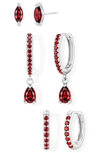 14K Gold Plated Small Huggie Hoop Earrings Set for Women, Hypoallergenic Dainty Sterling Silver Dangle Studs for Cartilage Helix, Lightweight Trendy Cute Stack Birthstone Jewelry Gift - color: 07_Ruby_Jul_Silver