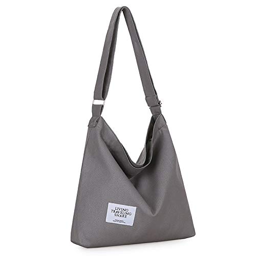 Covelin Women's Retro Large Size Canvas Shoulder Bag Hobo Crossbody Handbag Casual Tote - color: Dark Grey